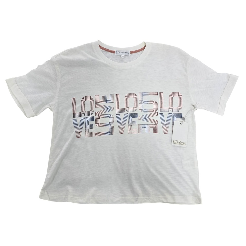 PJ‎ Salvage Women Ivory Love Graphic Slub Knit T-Shirt RZSDT Small Red Blue NWT
